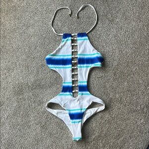 Beach Bunny White and Blue Swimsuit